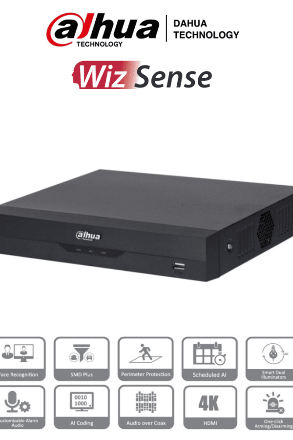 DAHUA XVR5104HS-4KL-I3 - DVR 4k de 4 Canales y 4 IP o hasta 8 IP. Equipado con WizSense, codificación H.265+, un canal para reconocimiento facial, protección perimetral y SDM Plus. Bahía SATA para HDD de hasta 10TB. Compatible con IoT y POS 