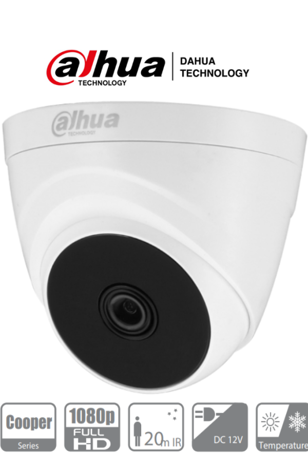 DAHUA HAC-T1A21-28 - Cámara Domo con resolución 1080p, lente de 2.8 mm y ángulo de visión de 103°, Smart IR de 20 m para mejor visión nocturna, ideal para interiores. Compatible con los formatos CVI, TVI, AHD y CVBS. 