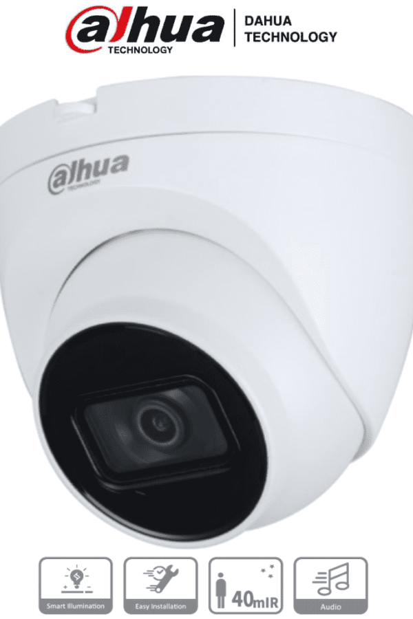 DAHUA HAC-HDW1200TQ-A-Cámara domo Dahua de 2 MP con lente de 2.8 mm, ángulo de 102 grados, IR de 40 m, micrófono integrado, instalación rápida, DWDR, IP67, y diseño en metal y policarbonato.