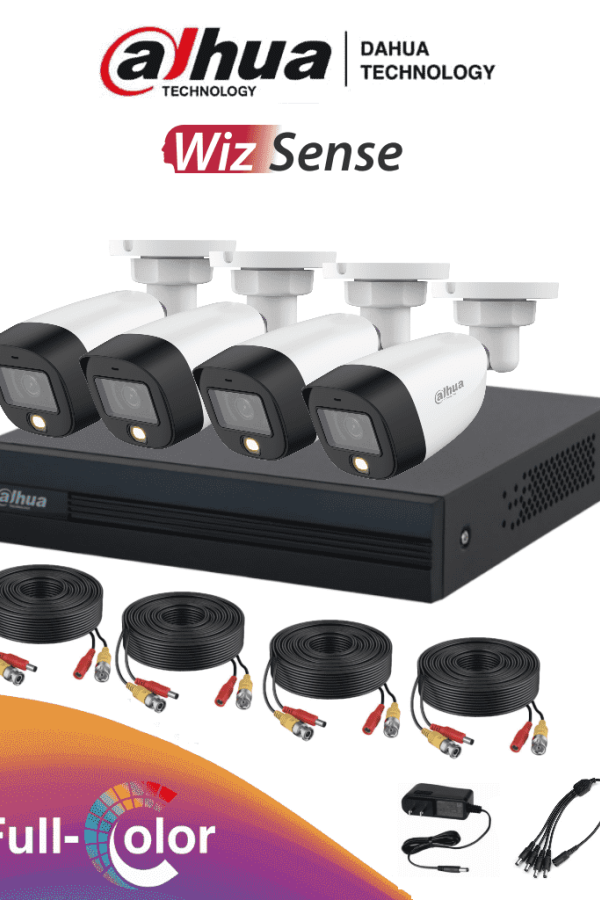 DAHUA FULLCOLORKIT- Kit de 4 canales Full Color de 2 MP. Incluye 4 cámaras HFW1209CN-LED, DVR Cooper-I WizSense, con IA, H.265+, y 4 canales + 1 IP (o hasta 5 canales IP). Búsqueda avanzada de humanos y vehículos, accesorios incluidos