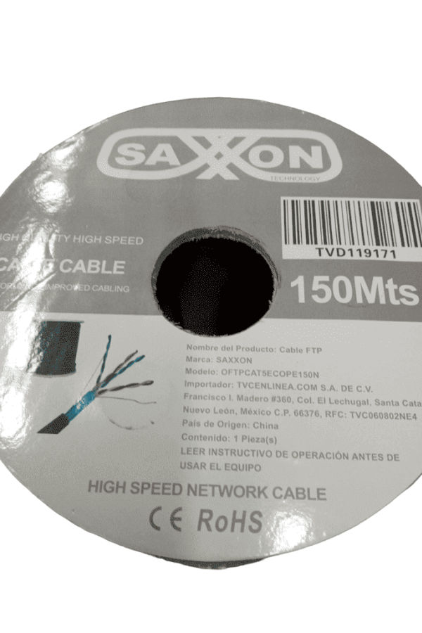 SAXXON OFTPCAT5ECOPE150N - Bobina de Cable FTP Cat5e 100% Cobre/ 150 Metros/ Blindado/ Color Negro/ Uso Exterior/ Ideal para Cableado de Redes de Datos y Video/ Cert ISO9001/ UL / RoSH/