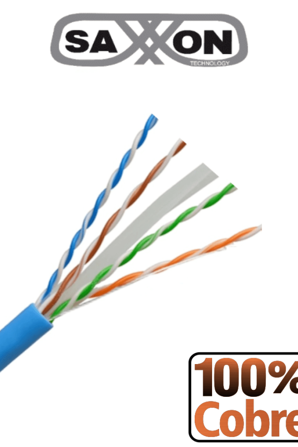 SAXXON OUTP6COP100B - Bobina de Cable UTP Cat6 100% Cobre/ 100 Metros/ Color Azul/ Uso Interior/ Soporta Pruebas de Rendimiento/ Cert ISO9001/ UL 444/ RoSH/ ANSI/ TIA/ EI