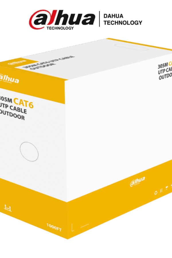 DAHUA PFM920-6U - Bobina de cable UTP Cat6 para exterior Dahua PFM920-6U. Con 305 metros de 100% cobre, cubierta MDPE resistente y color negro, cumple con ANSI/TIA 568-C.2, RoHS, y es retardante de flama, ideal para instalaciones seguras.