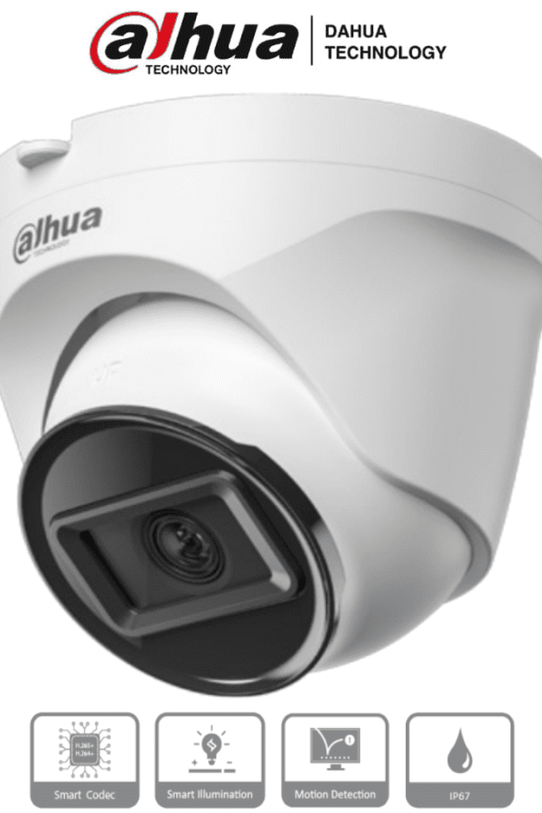 DAHUA IPC-T1E20 -Camara IP Domo de 2 MP, lente de 2.8 mm y 99° de visión. Alcance IR de 30 m, protección IP67 y alimentación PoE. Funciones avanzadas: DWDR, 3D NR, HLC, BLC y compresión H.265+ Ideal para videovigilancia confiable