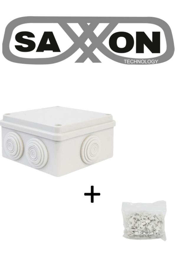 SAXXON SWD010LMGNCC5MMR - Paquete de Caja de Conexiones 7 Entradas 100x100x70mm con Bolsa de Grapas Redondas de Pared de 6mm de alto Color Blanco 50 piezas