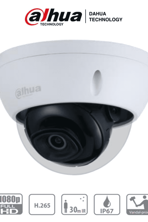 DAHUA IPC-HDBW1230E- Camara IP Domo Antivandalica de 2 Megapixeles/ Lente de 2.8 mm/ 104 Grados de Apertura/ Metalica/ IR de 30 Mts/ IP67/ IK10/ PoE/ DWDR/