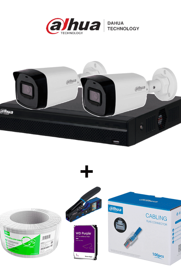 Bundle NVR+2BulletIP -Compra 1 NVR NVR1104HS-P-S3 de 4 Canales y llévate mas 2 cámaras IPC-B1E20 / Bobina de 100 metros/ Caja con 100 Plugs/ Pinza de corte de Plugs/ Disco duro de 1TB/