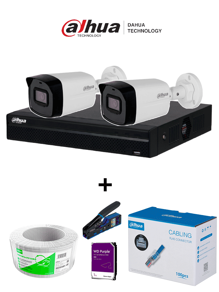 Bundle NVR+2BulletIP -Compra 1 NVR NVR1104HS-P-S3 de 4 Canales y llévate mas 2 cámaras IPC-B1E20 / Bobina de 100 metros/ Caja con 100 Plugs/ Pinza de corte de Plugs/ Disco duro de 1TB/