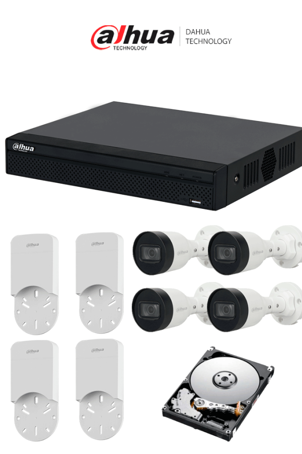 DAHUA KITNVR1104HS-P+4C+4S 1TB- Kit IP de 4 canales con NVR con 4 puertos PoE, 1TB de almacenamiento, y 4 cámaras bullet de 2MP con clasificación IP67. Incluye caja de conexiones PFA12A de policarbonato resistente, ideal para exteriores.