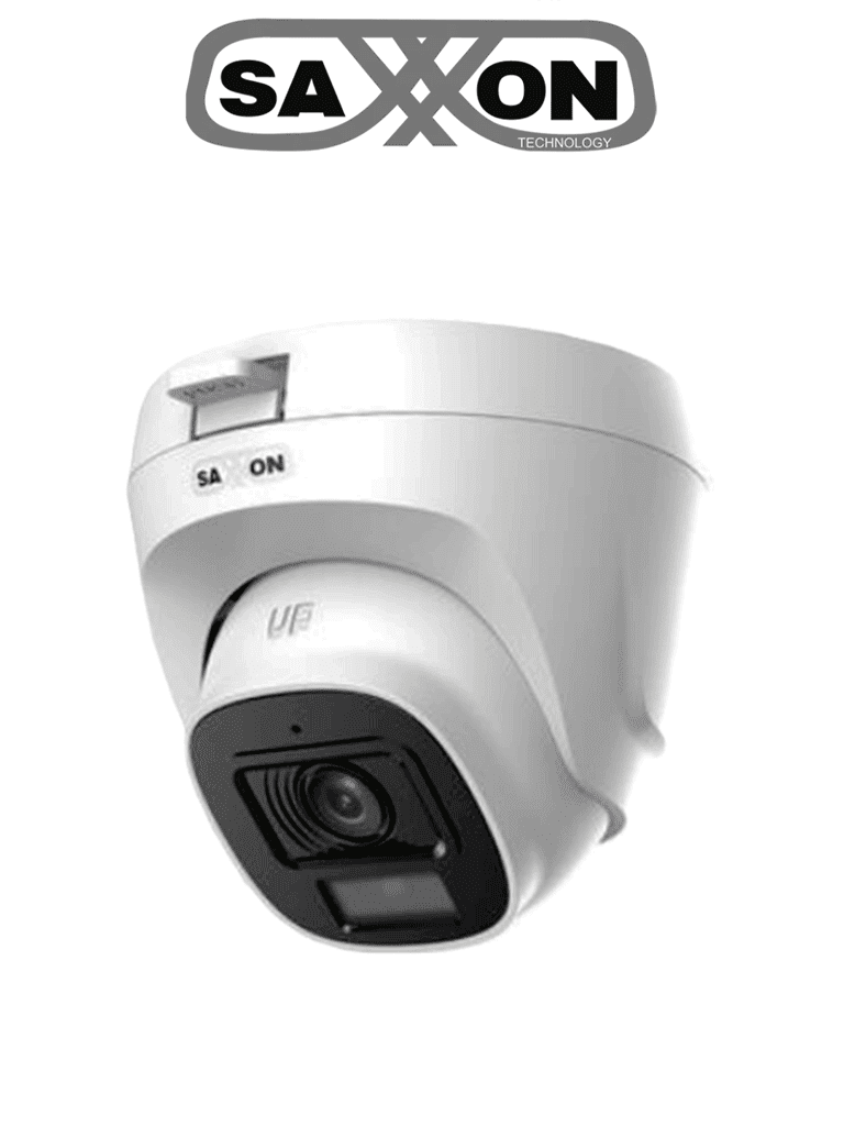 SAXXON SUA-HAC-T20P-0280B- Cámara Turret de 2 Megapíxeles/ Lente de 2.8 mm con Visión de Apertura de Hasta 100°/ Policarbonato/ IR de Hasta 20m de Visualización/ Fácil Instalación/ Ideal para Interiores